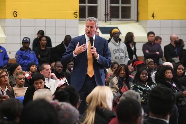 Mayor Bill de Blasio and Council Member Adrienne Adams participate in a town hall meeting with residents of Queens.